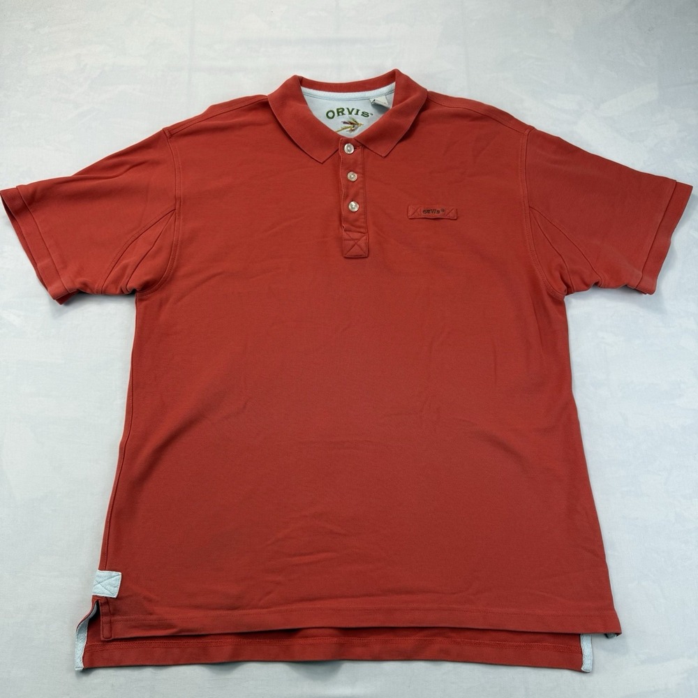 Orvis Polo Shirt Mens Large Red Short Sleeve High Low Slit Collared Popover
